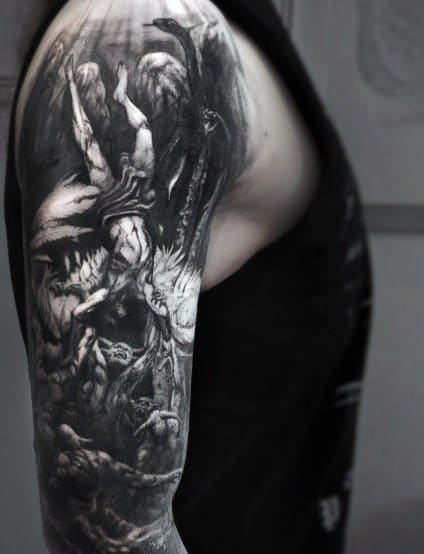 Dark gothic sleeve tattoo depicting fallen figures, skeletal hands, and a haunting scene of struggle and despair in black and grey realism.