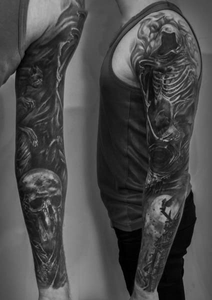 Gothic sleeve tattoo featuring a hooded skeletal figure, skulls, and dark shadows, creating a haunting and eerie black and grey design.