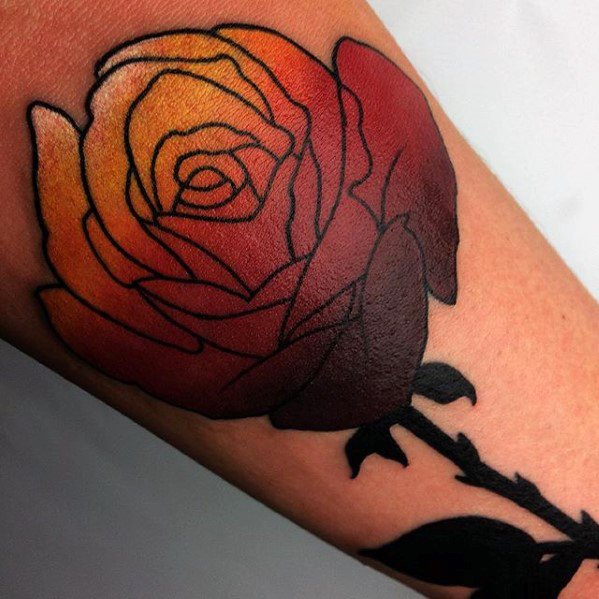 Gradient rose tattoo with bold black outlines, blending from yellow to deep red petals and a solid black stem and leaves.