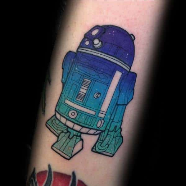 Gradient R2-D2 tattoo in shades of teal, blue, and purple with black outlines, blending a sci-fi look with vibrant color transitions.