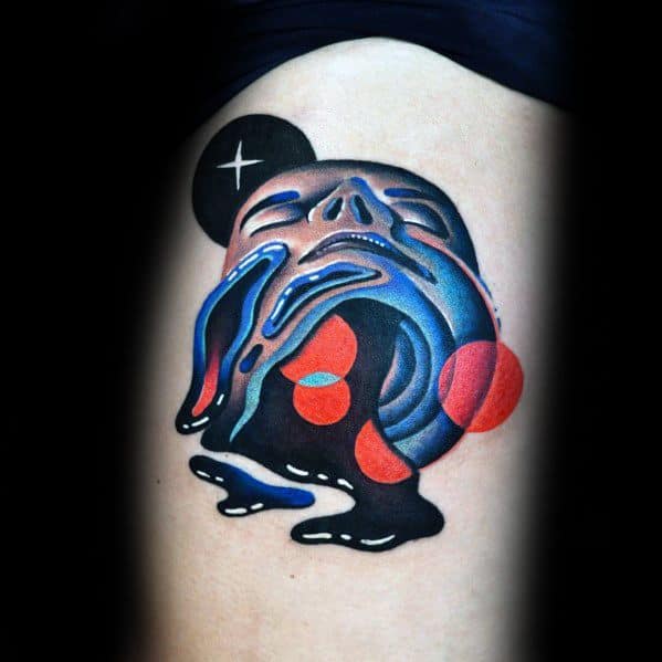 Surreal gradient tattoo of a melting face in blue and pink tones with cosmic elements like planets, stars, and black drips.