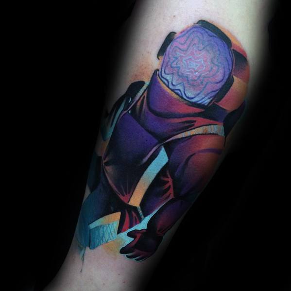 Vibrant gradient tattoo of an astronaut with a swirling galaxy inside the helmet, blending purples, blues, and oranges for a surreal look.