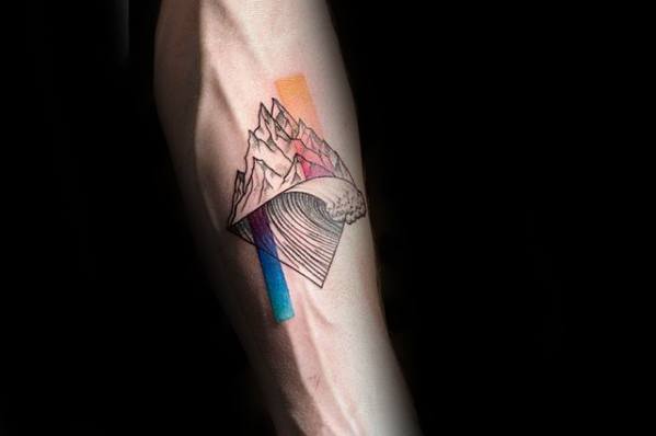 Minimalist tattoo of abstract mountains and waves in black linework, layered over vertical gradient bars in orange, pink, and blue.