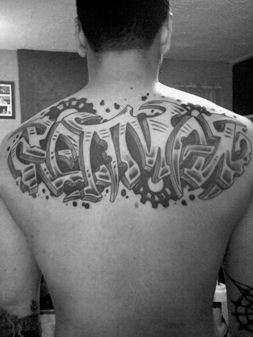 Graffiti Last Name Mens Upper Back Tattoos