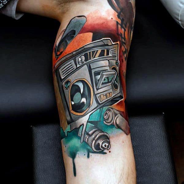 Graffiti Mens Boombox Leg Sleeve Tattoos