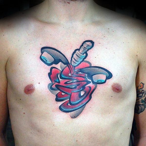 Graffiti Small Manly Mens Upper Chest Headphones Heart Tattoo
