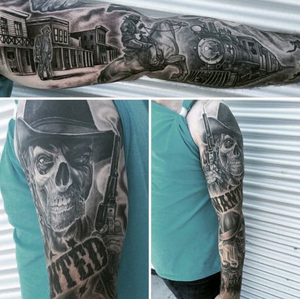 Grahpic Sleeve Tattoo Of Western Shootout With Skeleton Scene On Man