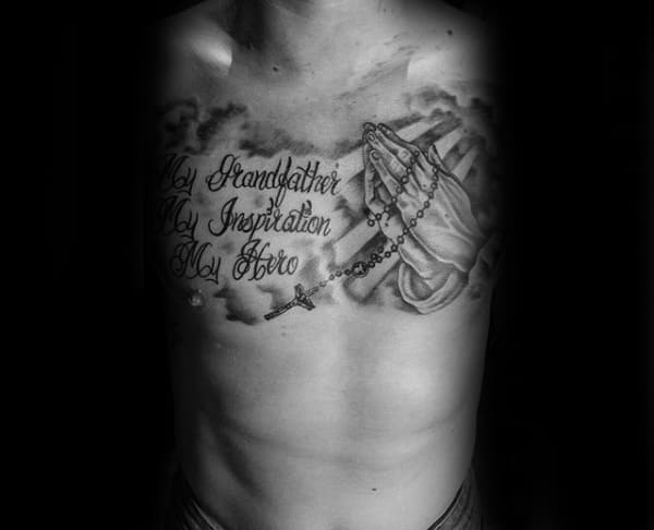 Grandpa Memorial Tattoo With Praying Hands Mens Chest Tattoos