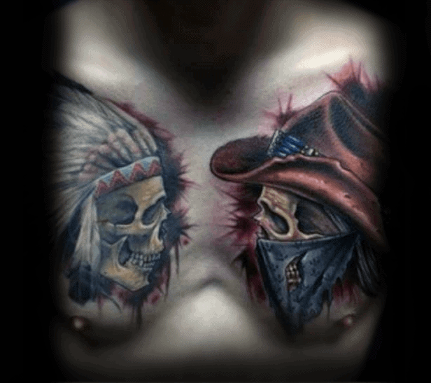 Graphic Cowboy Indian Skull Detailed Chest Tattoo On Guy