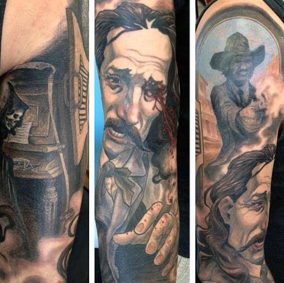 Graphic Detailed Scene Of Cowboy Shooting Man Tattoo For Males