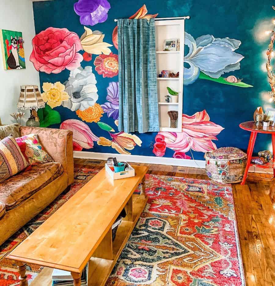 painted floral feature wall colorful living room