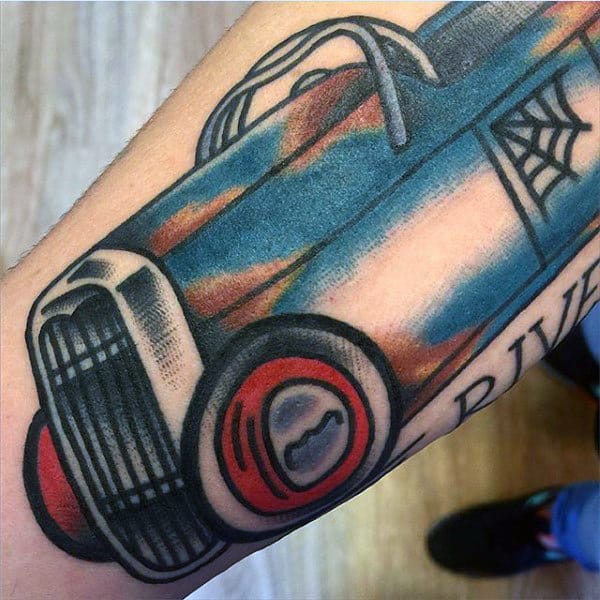 Graphical Blue Car Hot Rod Tattoo Mens Forearms