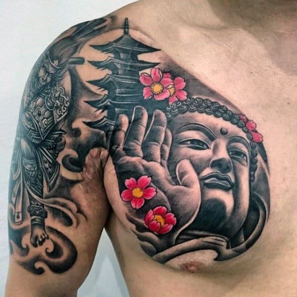 Graphical Dark Buddha Portrait With Red Flowers Tattoo On Shoulders For Guys