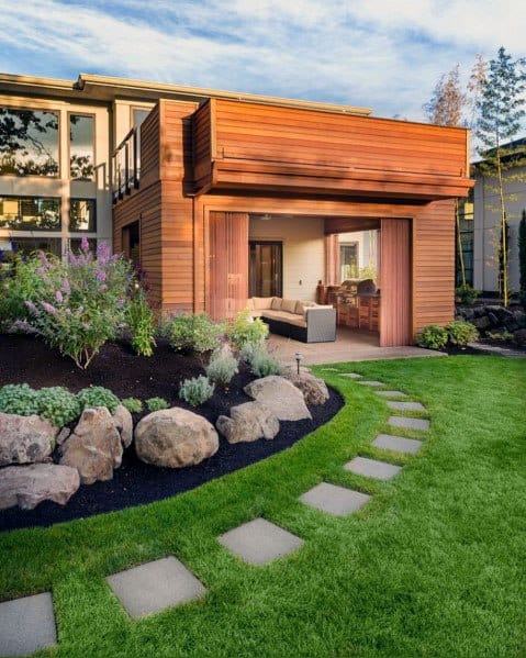 Grass Backyard Square Stepping Stone Ideas