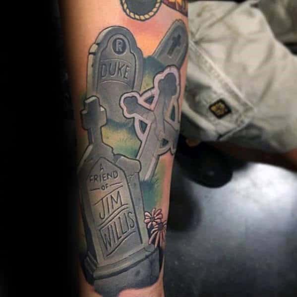 Gravestone Mens Name Memorial Forearm Tattoo With 3d Design
