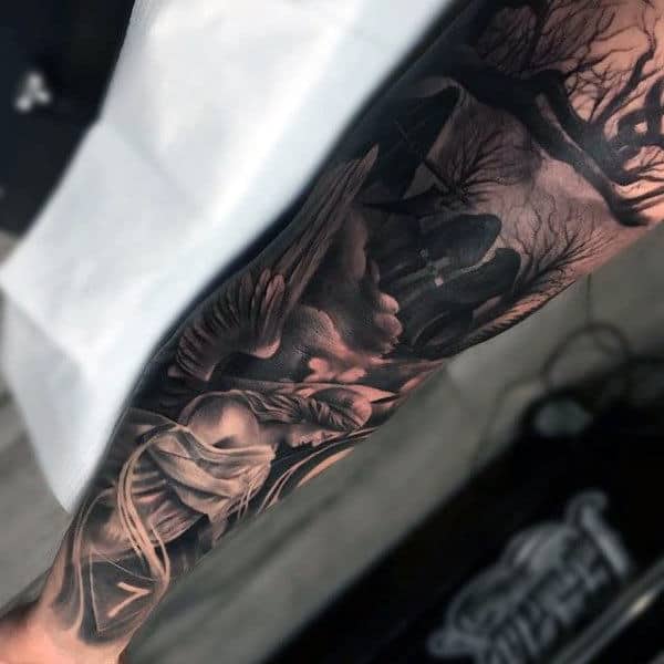Graveyard Half Sleeve Forearm Tattoo For Men With Angel Design