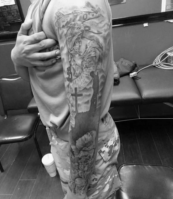 Graveyard Memorial Fallen Soldier Guys Sleeve Tattoo