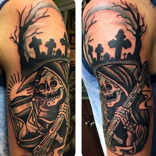 Tattoo of a skeletal figure holding an hourglass with a somber graveyard and leafless trees in the background