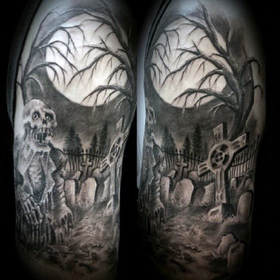 Graveyard tattoo with weathered tombstones, gnarled tree, and skeletal figure
