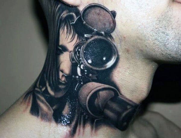 Realistic black and gray throat tattoo of a sniper aiming through a scope, featuring intense shading and striking details