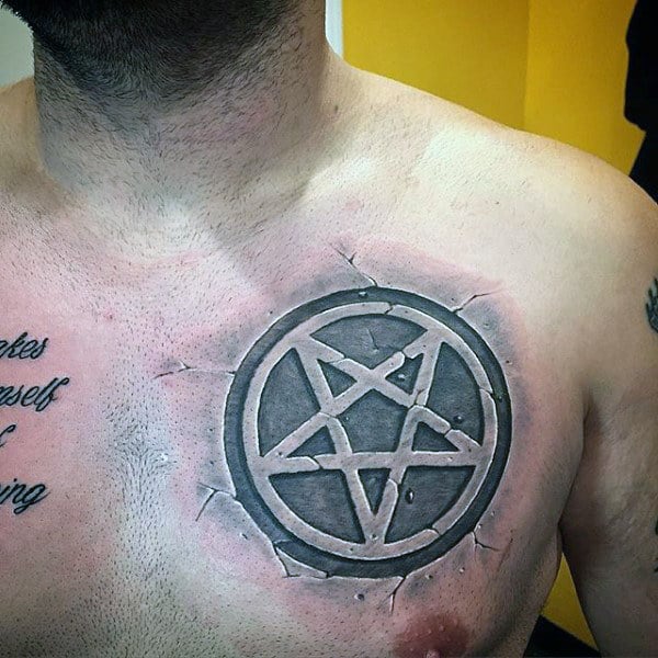 Gray Cracking Pentagram Tattoo Mens Chest