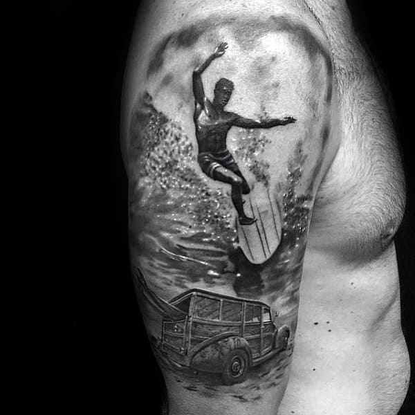 Gray Jeep And Man On Surf Board Tattoo Male Arms