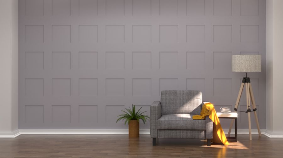 gray wall minimalist mid-century modern living room 