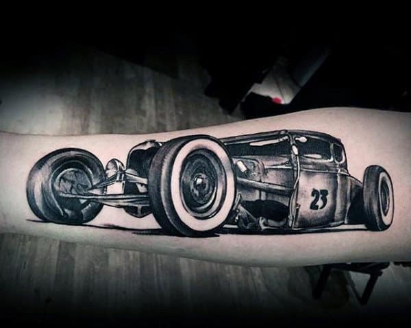 Gray Racing Car Hot Rod Tattoo Male Forearms