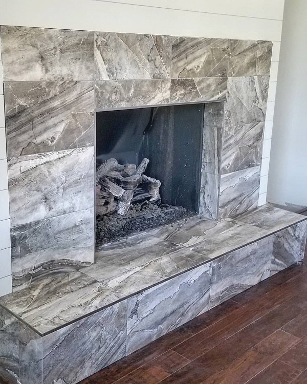 gray tile fireplace surround