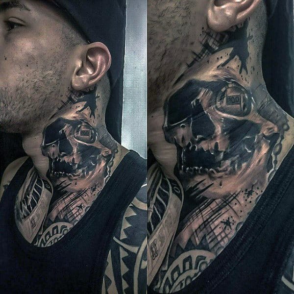 Dark and abstract throat tattoo of a skull with bold shading, grunge textures, and chaotic details for an intense, edgy look