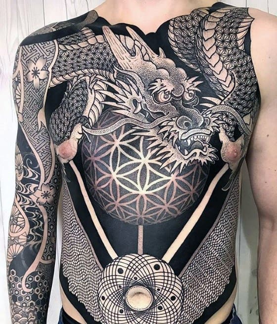Great Geometric Dragon Flower Of Life Full Chest Tattoo On Men