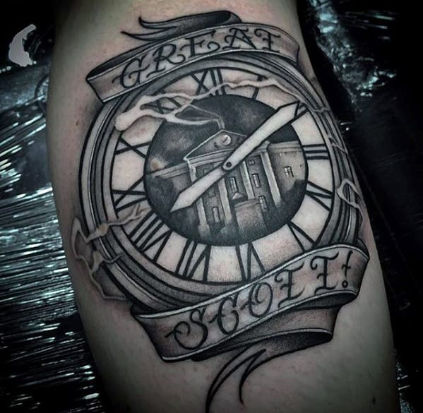 Great Scott Ribbon Clock Male Back To The Future Arm Tattoos