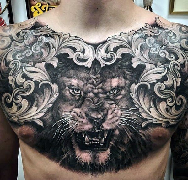 Greatest Guys Upper Chest Ornate Wolf Tattoos