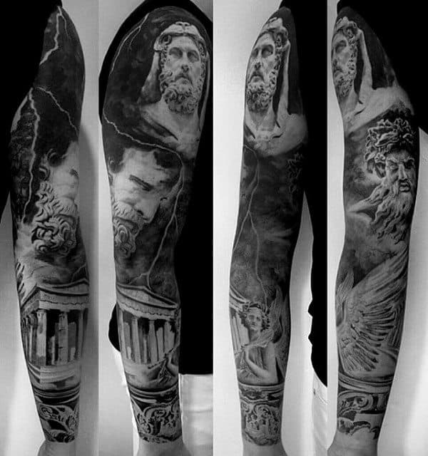 Greek Building With Gods Mens Unique Sleeve Tattoos