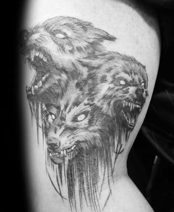 Greek Cerberus Guys Shaded Black And Grey Ink Upper Arm Tattoos