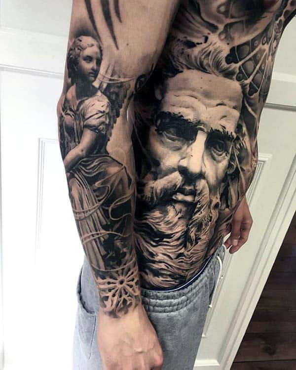 Greek God Guys Extreme Rib Cage Side Tattoo With Realistic Shaded Design
