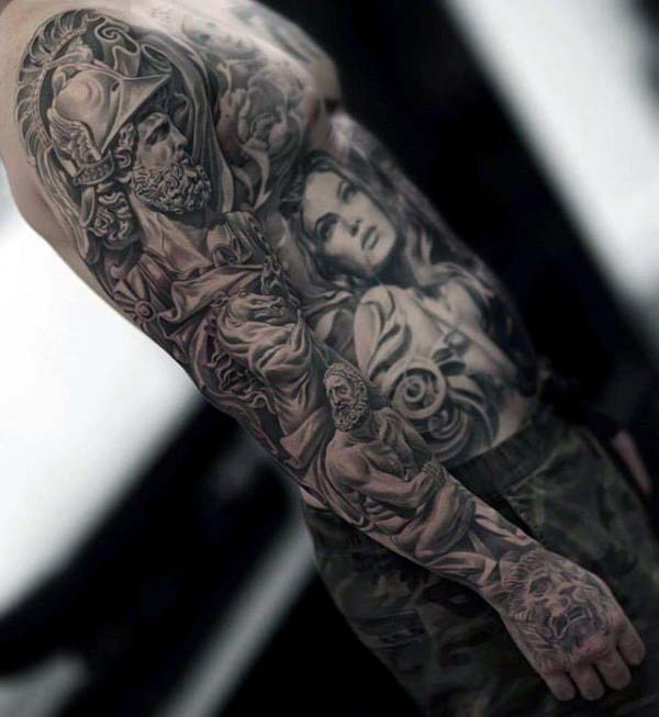 Greek God Themed Mens Nice Full Sleeve Tattoo Designs