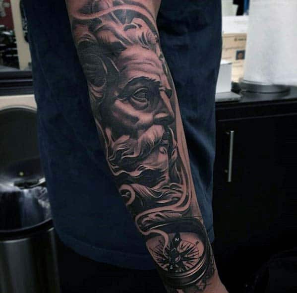 Greek God With 3d Compass Badass Male Outer Forearm Tattoo Designs