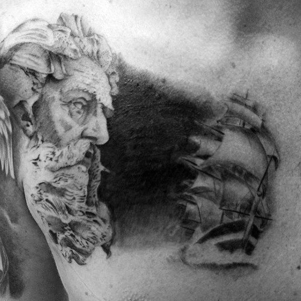 Greek God With Sailing Ship Mens Upper Chest Cover Up Tattoo