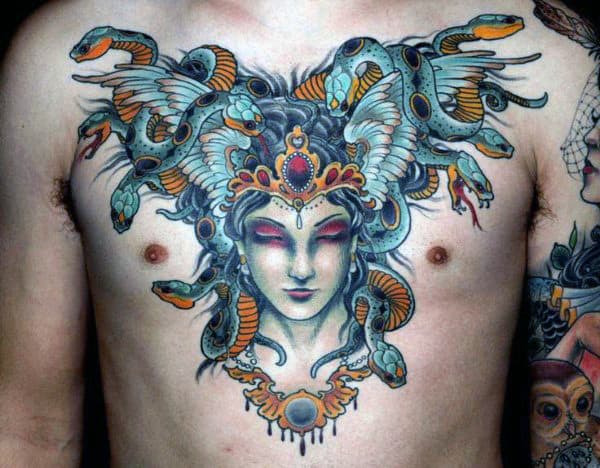 Greek Mythology Medusa Color Chest Tattoos For Men