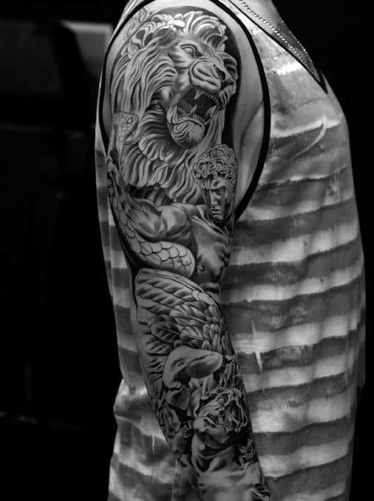Greek Mythology Mens Lion Full Sleeve Tattoo