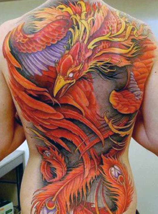 Greek Mythology Mens Orange And Yellow Phoenix Full Back Tattoos