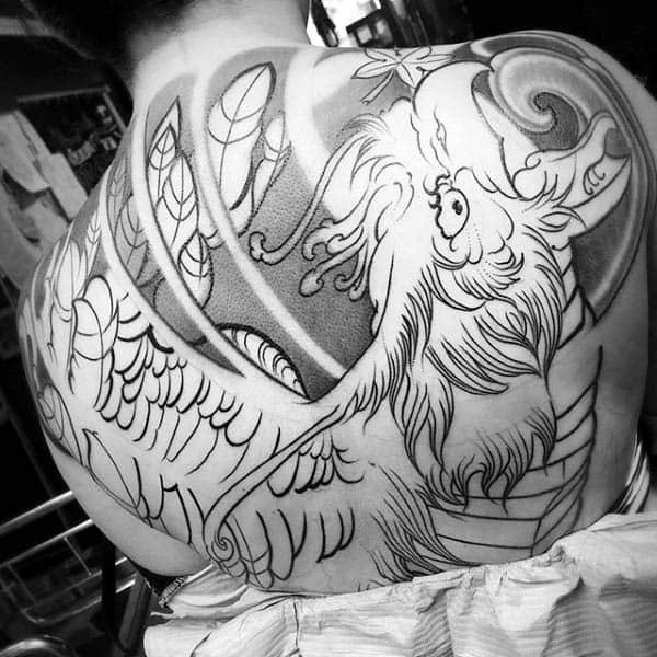 Greek Phoenix Black Ink Outline With Shading Mens Back Tattoos