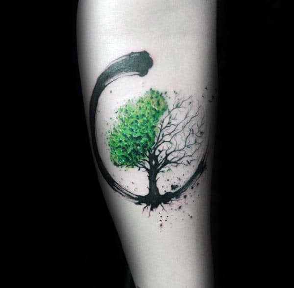 Green And Black Paint Brush Stroke Guys Amazing Tree Of Life Forearm Tattoos