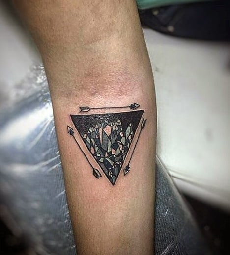 Green And Black Patterned Triangle Tattoo With Arrows For Men