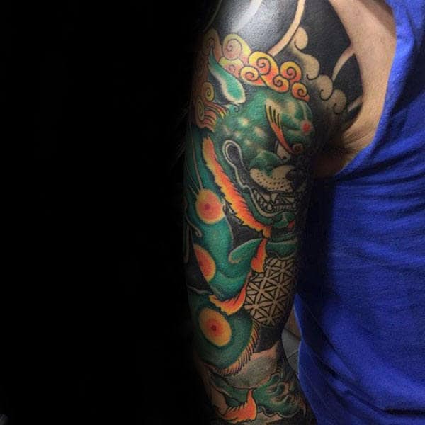 Green And Orange Foo Dog Mens Full Sleeve Tattoo