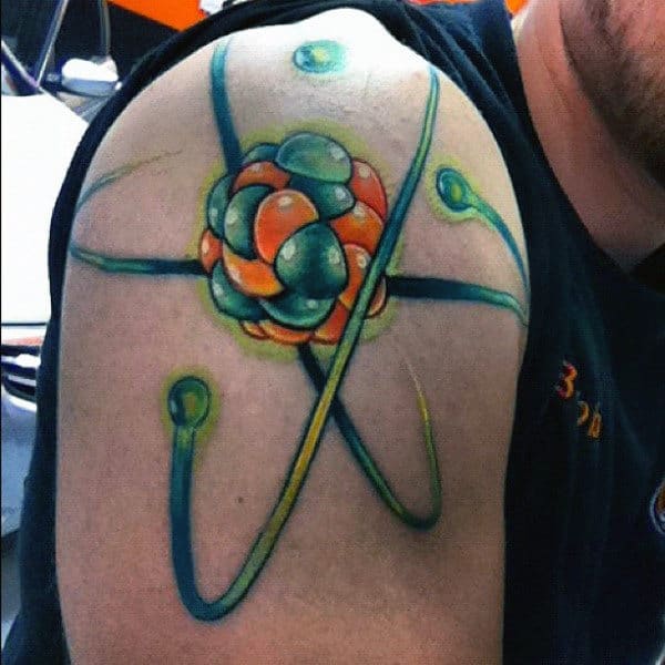 Green And Orange Mens Atom Upper Arm Tattoo