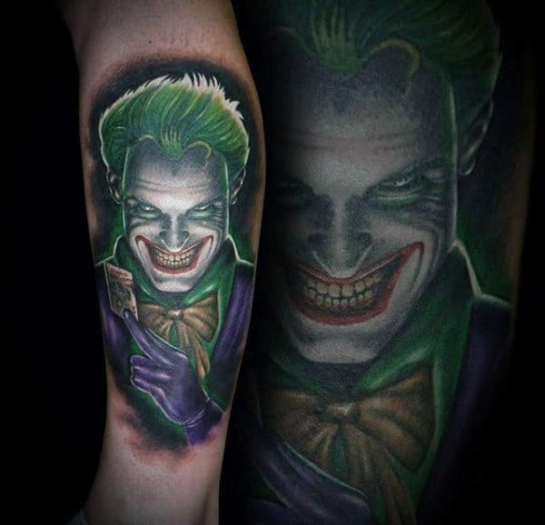 Green And Purple Joker Mens Leg Tattoos
