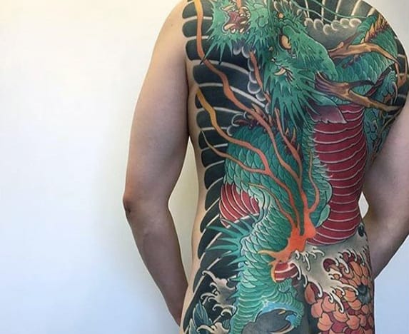 Green And Red Japanese Full Back Mens Dragon Tattoo