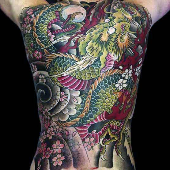 Green And Red Japanese Traditional Male Tattoo Designs On Back